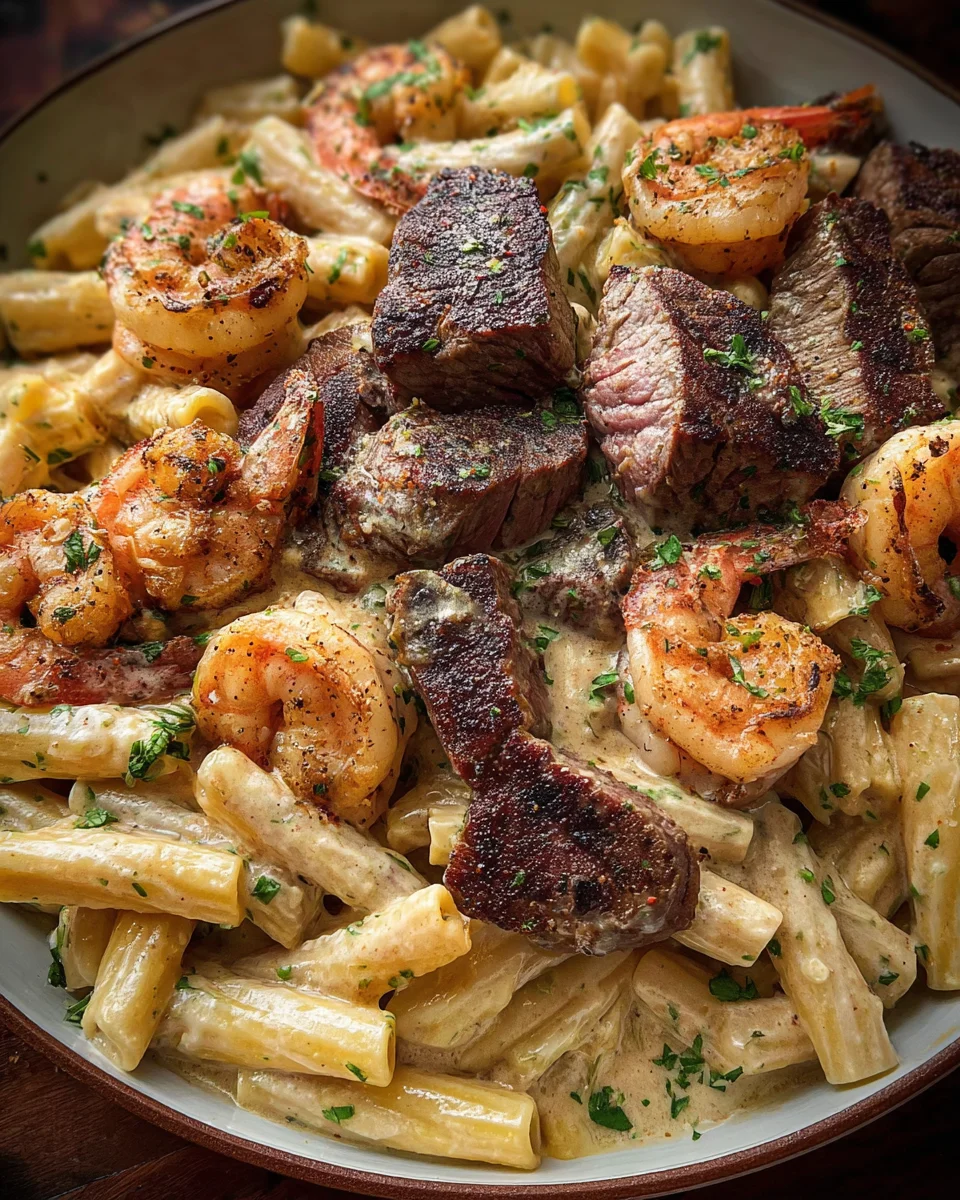 Blackened Steak and Shrimp Alfredo