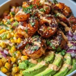 Grilled Shrimp Bowl with Avocado, Corn Salsa & Creamy Garlic Sauce