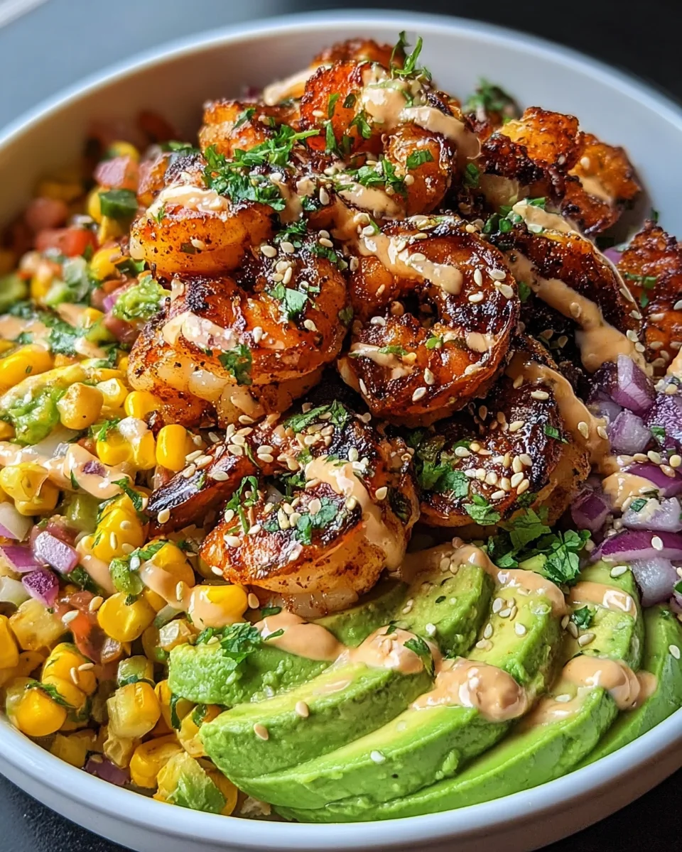 Grilled Shrimp Bowl with Avocado, Corn Salsa & Creamy Garlic Sauce