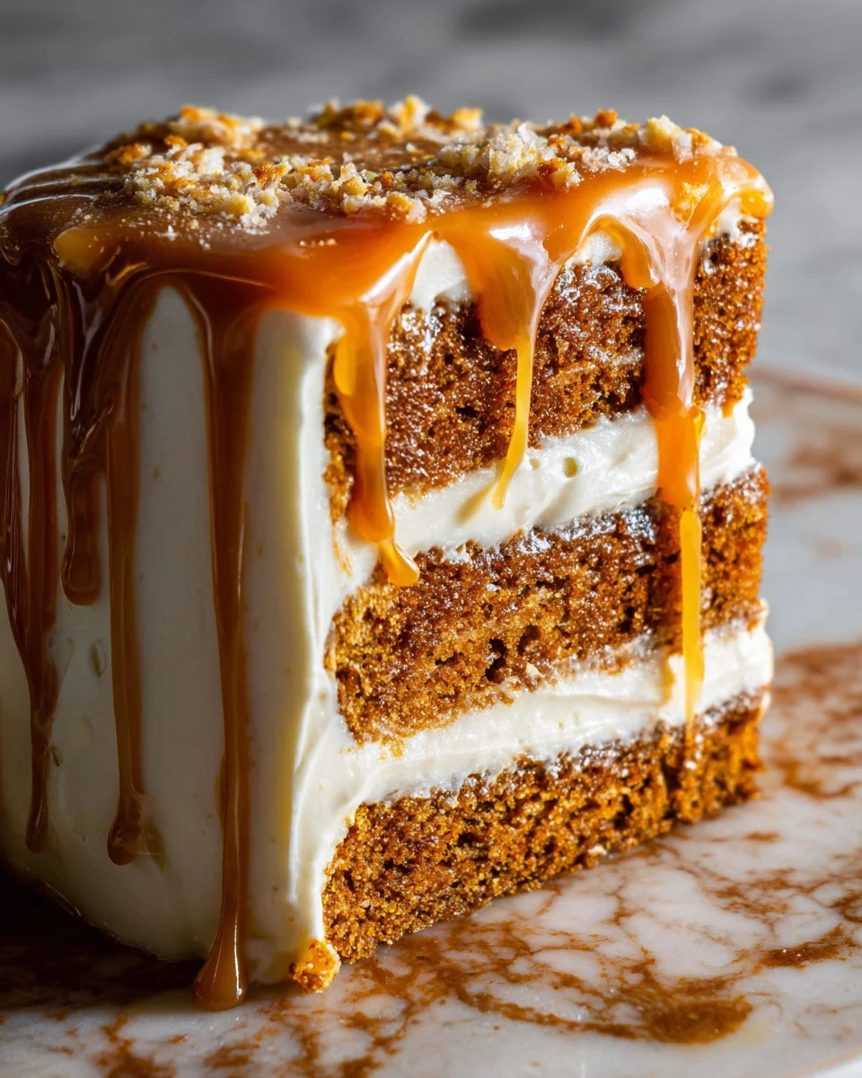 Pumpkin Cake with Cream Cheese Frosting and Salted Caramel Drizzle