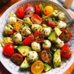 Tomato Cucumber Avocado Salad with Mozzarella and Basil Pesto