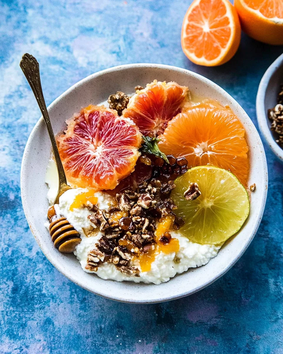 Winter Citrus Ricotta Breakfast Bowl with Honeycomb.