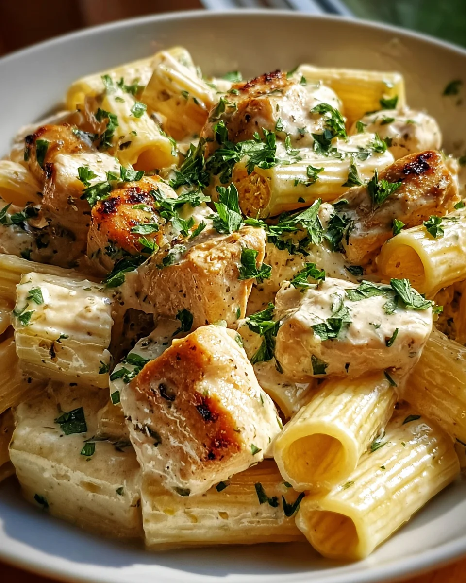 Creamy Garlic Butter Chicken and Rigatoni in Parmesan Sauce