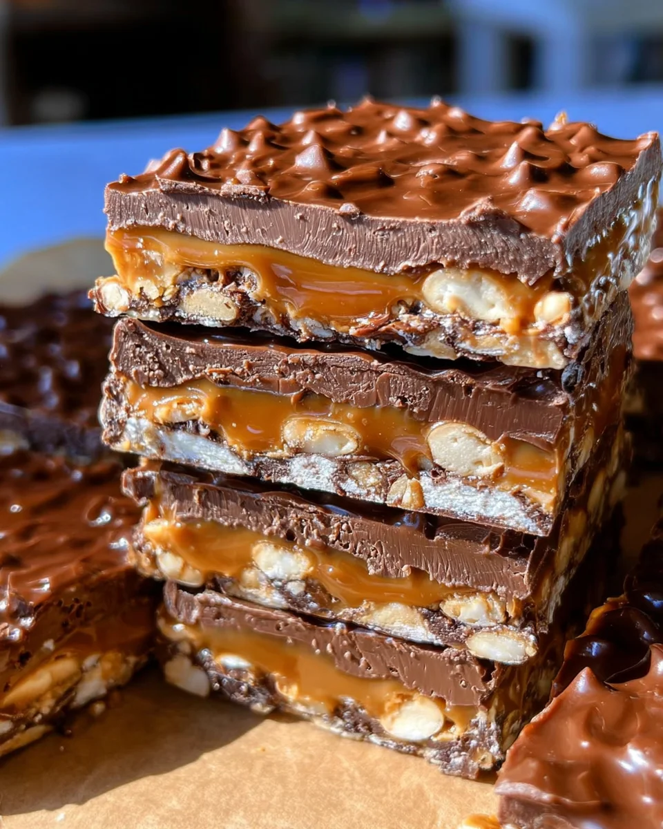 No Bake Crispy Snickers Bars
