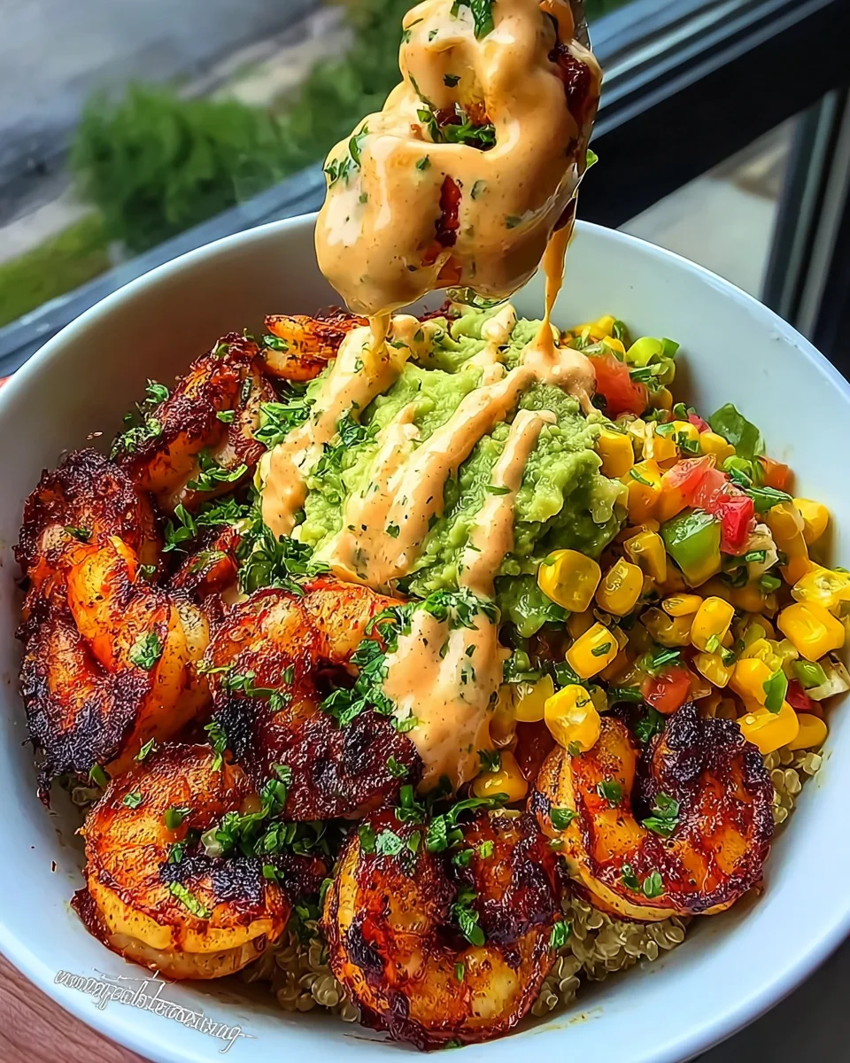 Grilled Shrimp Bowl with Avocado, Corn Salsa & Creamy Sauce