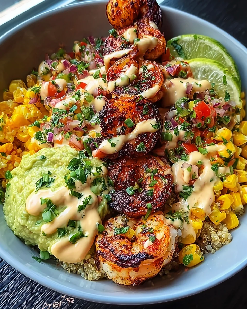Grilled Shrimp Bowl with Avocado, Corn Salsa & Creamy Sauce 35 Grilled