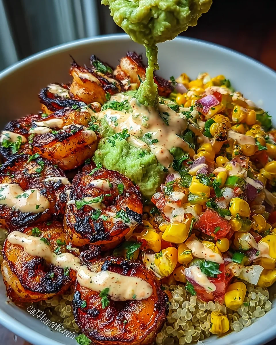 Grilled Shrimp Bowl with Avocado, Corn Salsa & Creamy Sauce 36 Grilled