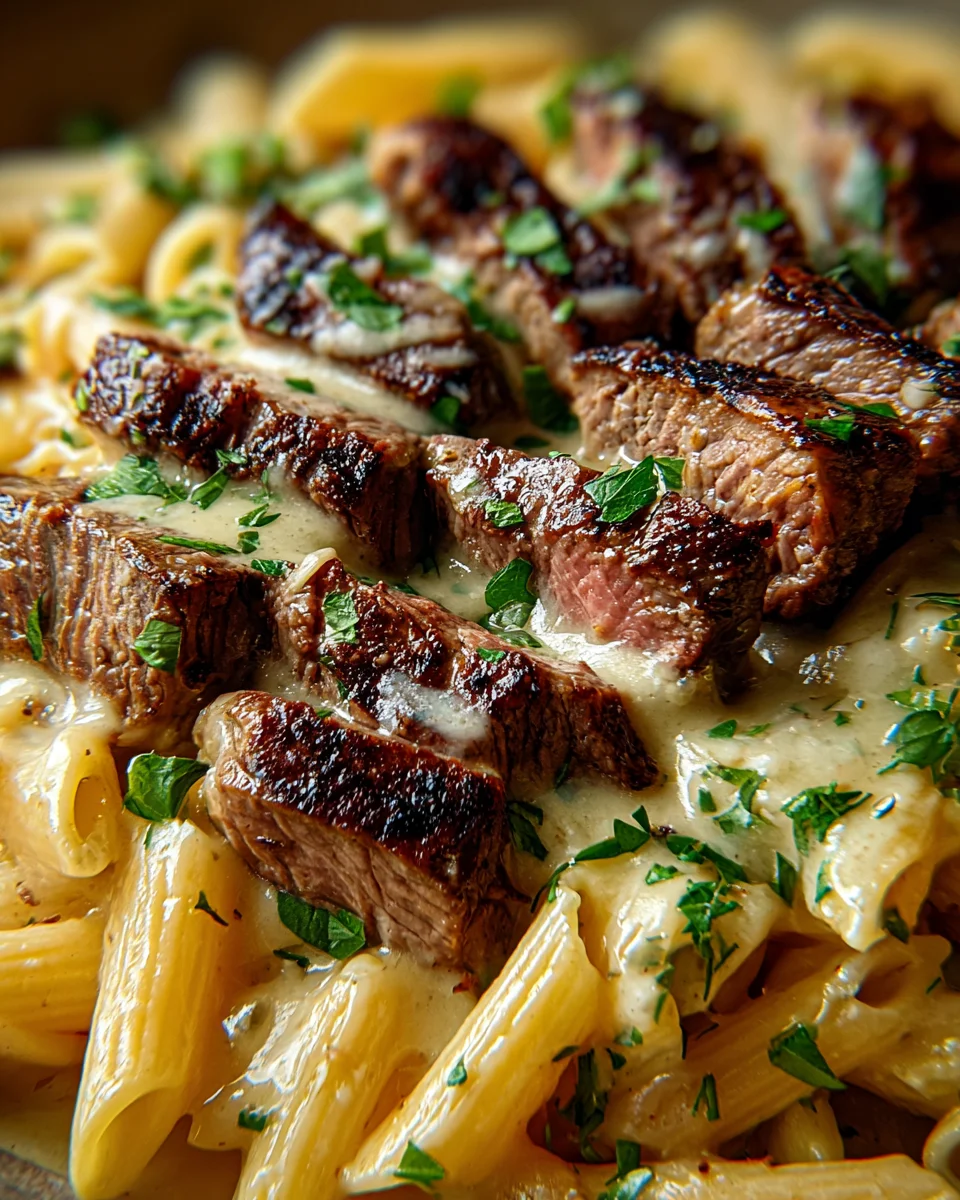Steak and Creamy Garlic Parmesan Pasta