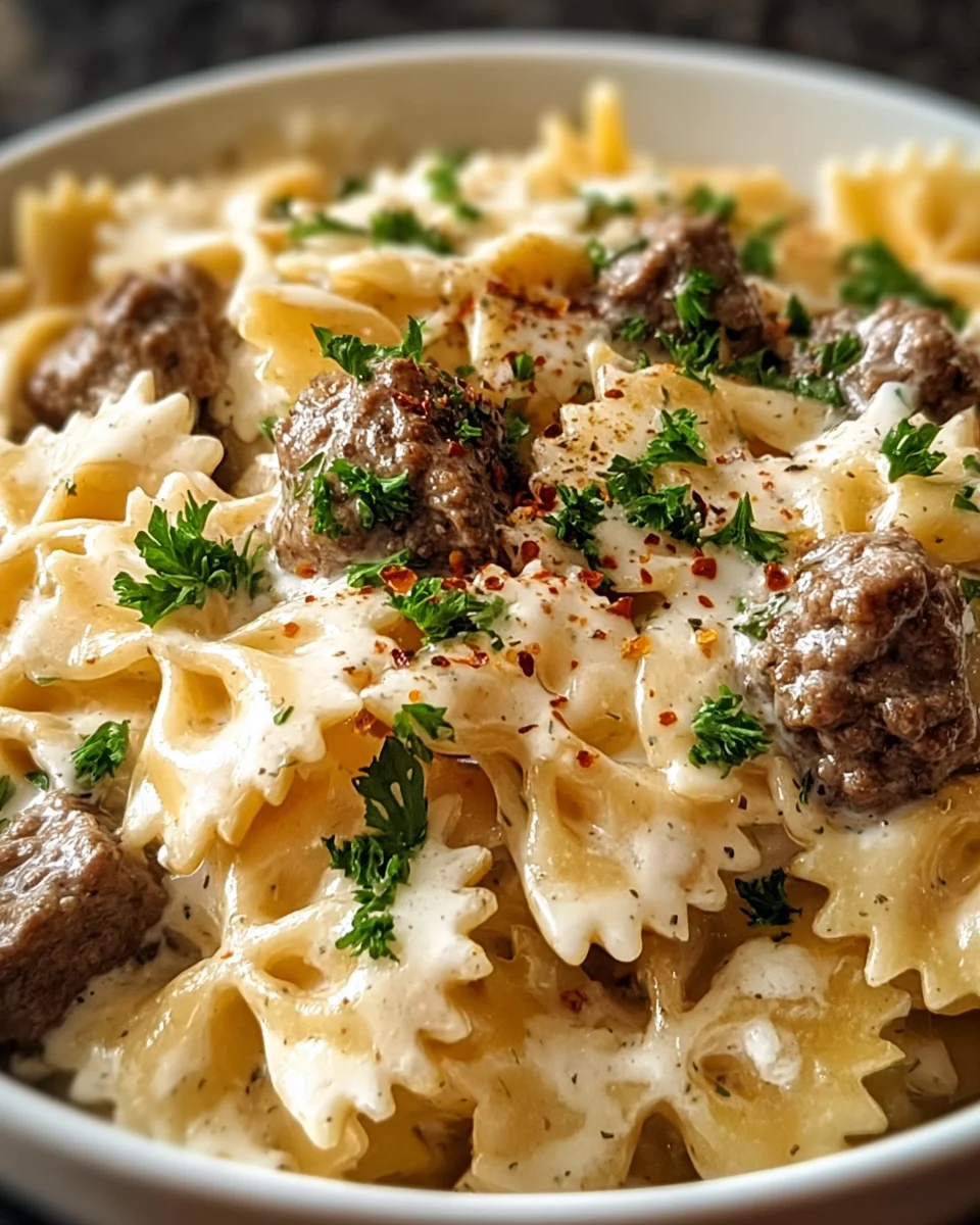 Beef and Bowtie Pasta with Alfredo Sauce 20 Beef