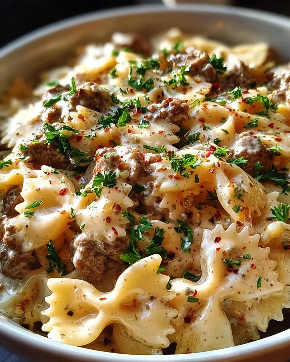 Beef and Bowtie Pasta with Alfredo Sauce 21 Beef