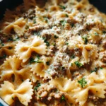 Cheesy Beef and Bowtie Pasta in Garlic Butter