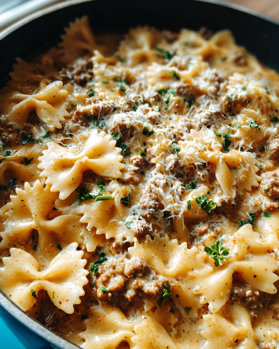 Cheesy Beef and Bowtie Pasta in Garlic Butter