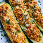 High Protein Buffalo Chicken Stuffed Zucchini Boats