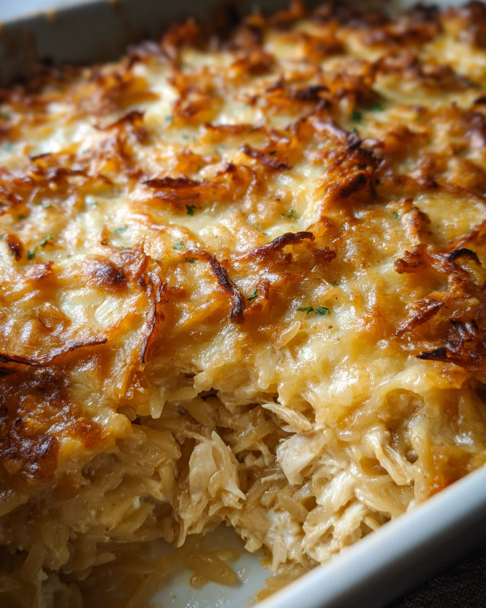French Onion Chicken Orzo Casserole