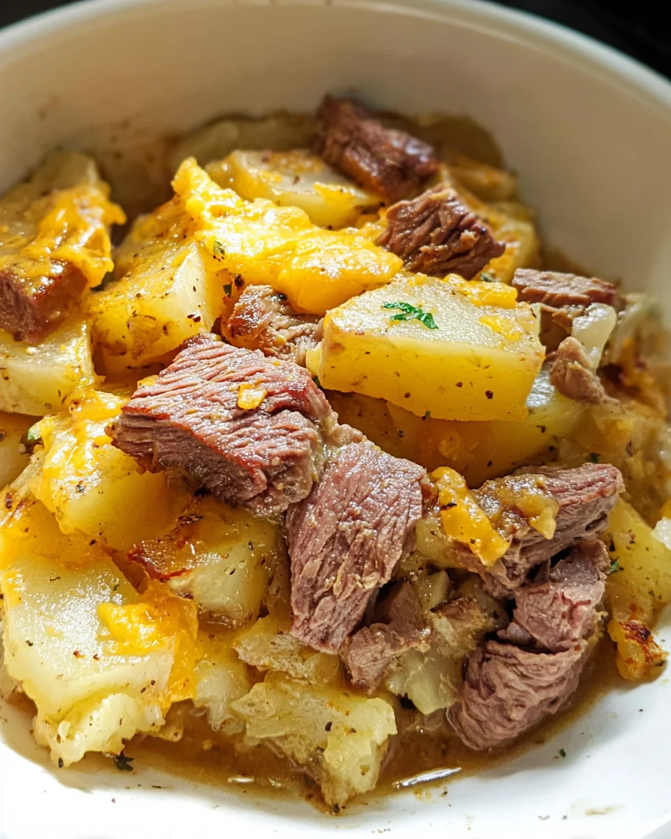 Slow Cooker Steak and Cheddar Potato Casserole