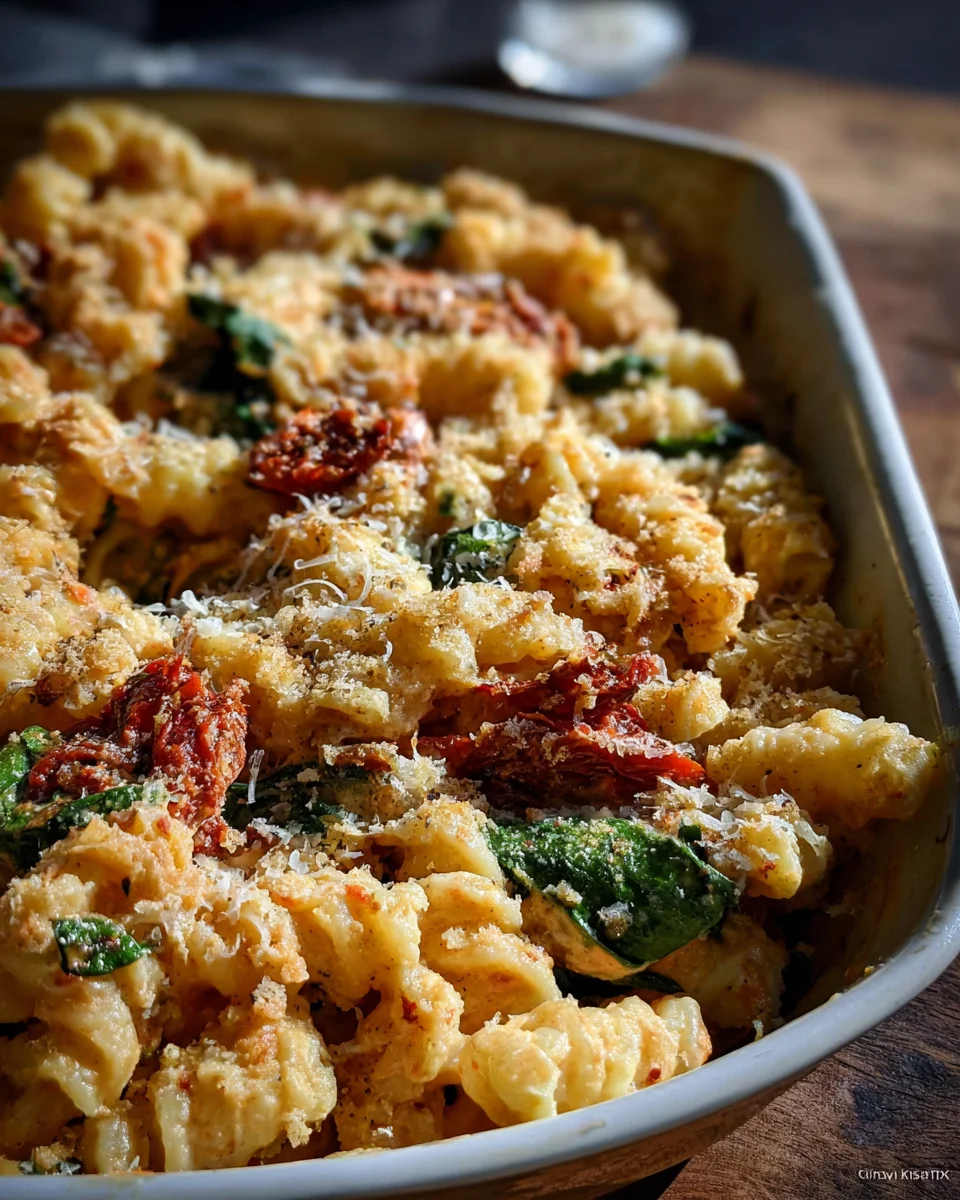 Baked Boursin Cheese Pasta with Sundried Tomatoes and Spinach