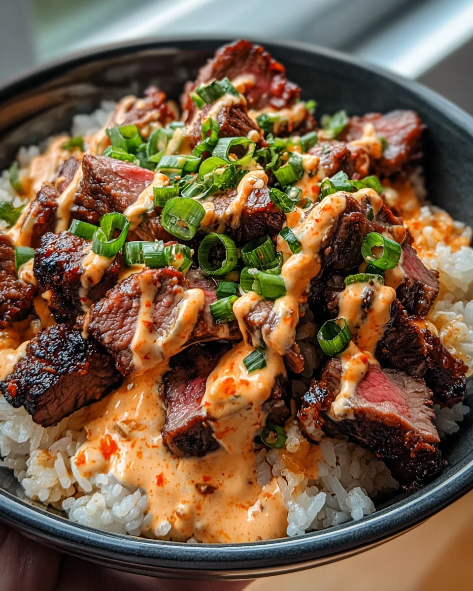 Korean BBQ Steak Rice Bowls with Spicy Cream Sauce