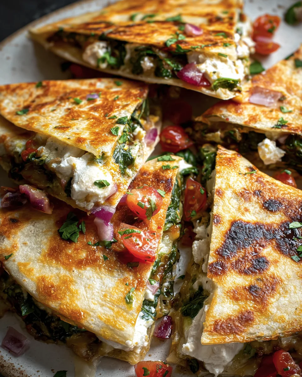 Mediterranean Quesadillas with Spinach, Feta, Mozzarella, and Red Onion
