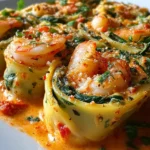 Shrimp and Spinach Stuffed Pasta Rolls with Roasted Red Pepper Cream