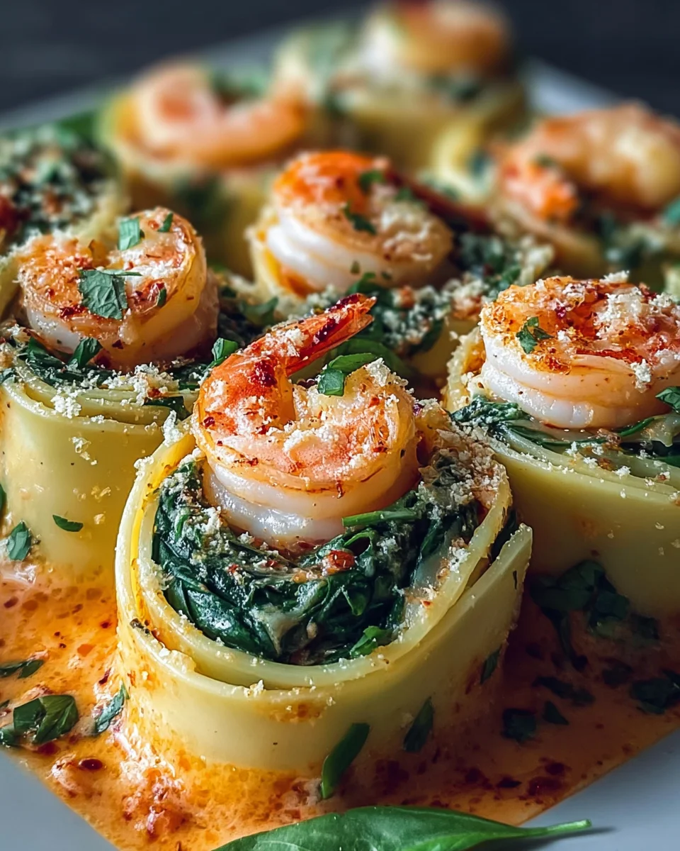 Shrimp and Spinach Stuffed Pasta Rolls with Roasted Red Pepper Cream 21 Shrimp