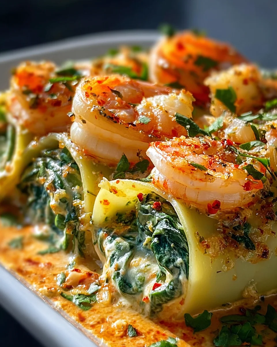 Shrimp and Spinach Stuffed Pasta Rolls with Roasted Red Pepper Cream 22 Shrimp